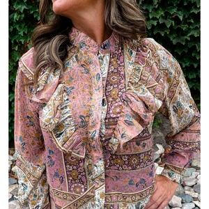 NEW Margot Robbie Wuthering Heights Victorian Mauve Floral Ruffle Blouse Sz M